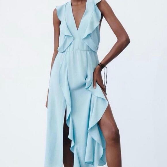 NWOT Zara Pastel Blue Ruffle Midi Slit Dress V-Neck Sleeveless Flowy Size L - Picture 1 of 9